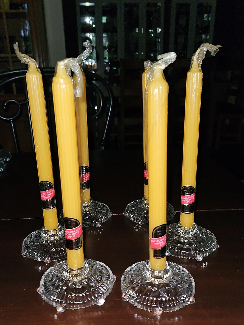 Set of 6 Footed Pressed Cut Glass Candle Stick Holders - Wedding Centerpiece